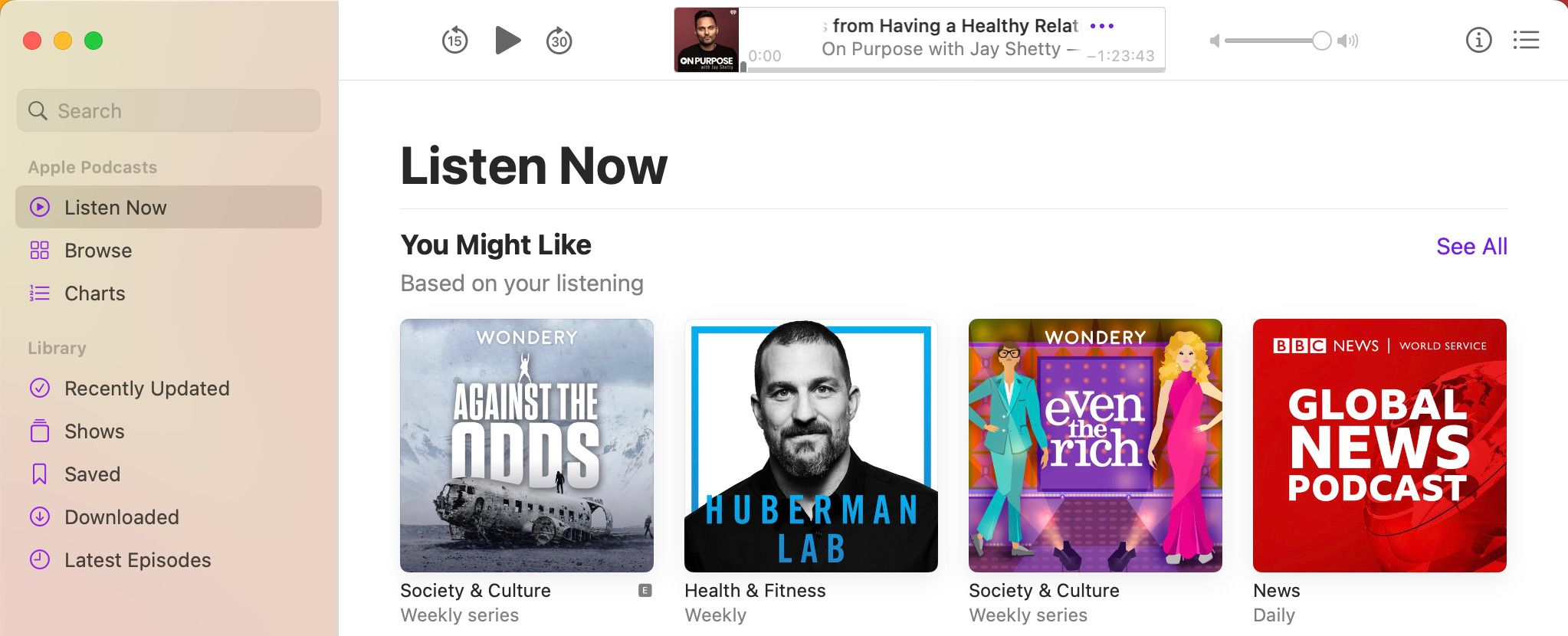 Listen Now screen in Apple Podcasts app for Mac