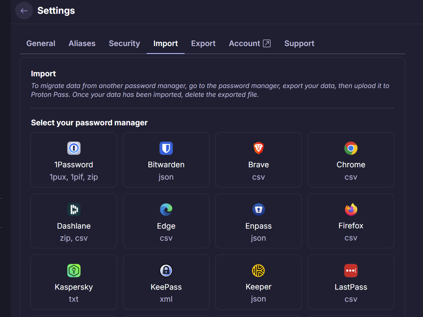 Import options in Proton Pass listing different password managers.