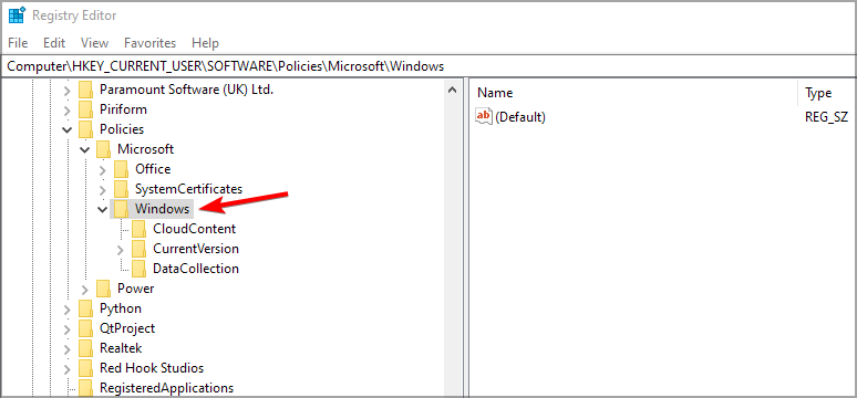 Переход по ветке реестра до раздела Windows