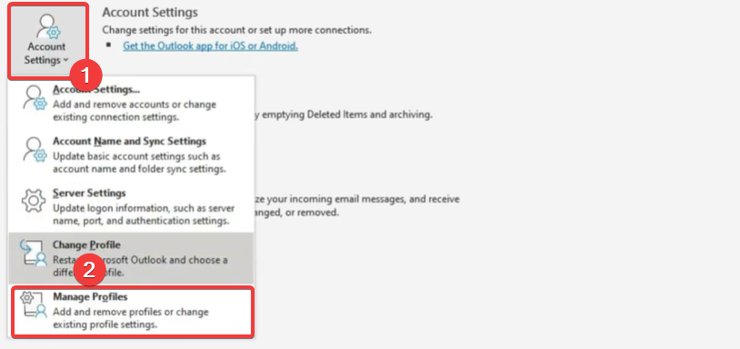 Управление профилями в Outlook