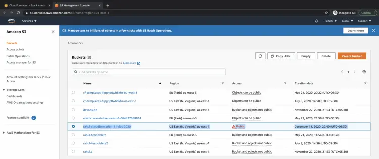 Список бакетов в S3, созданный бакет виден в списке