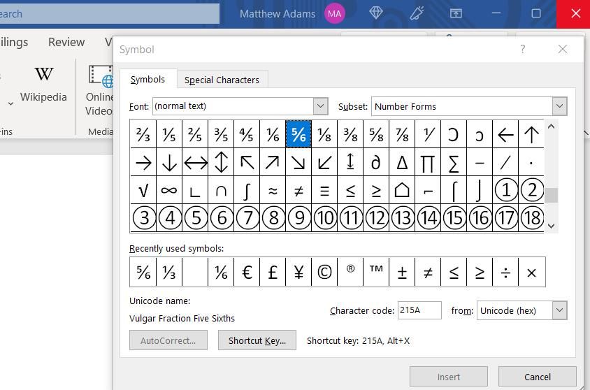The Symbol tool in Word