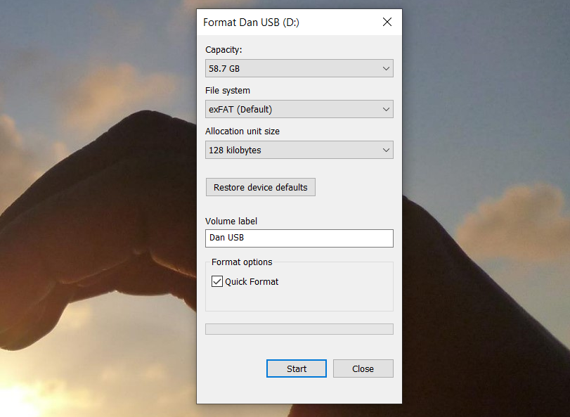 Диалог форматирования с опцией Быстрое форматирование