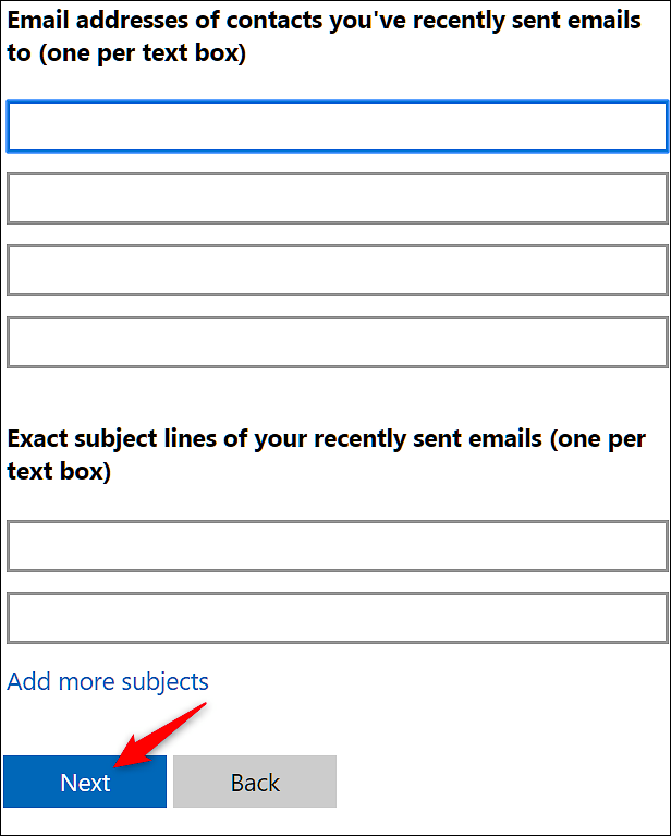 Форма восстановления учётной записи: поля с личной информацией и историей использования