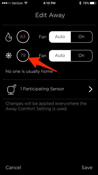 Настройка целевой температуры в профиле Away