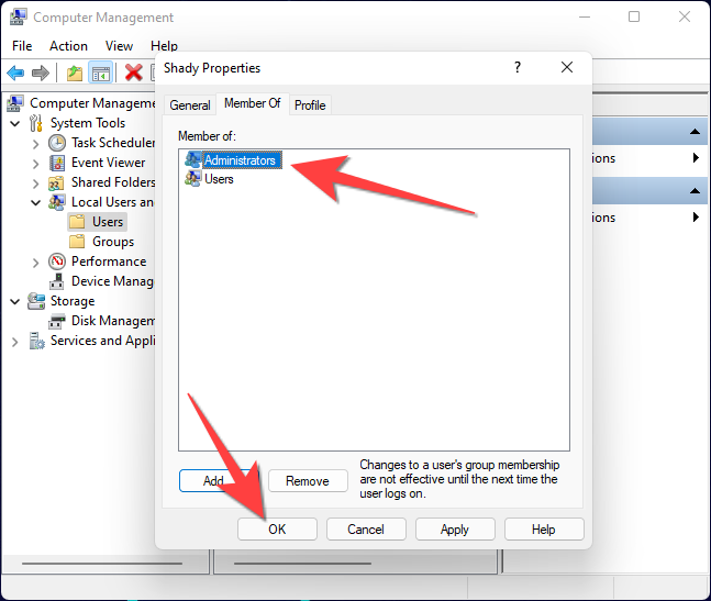 Группа «Administrators» в списке членов учётной записи и кнопка «ОК» для подтверждения.