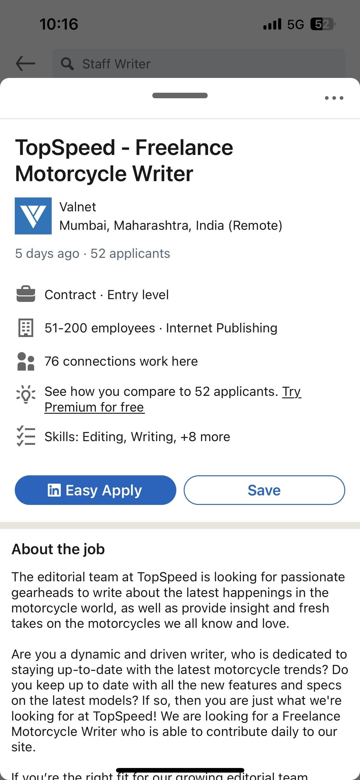 Кнопка «Save» в мобильном интерфейсе LinkedIn