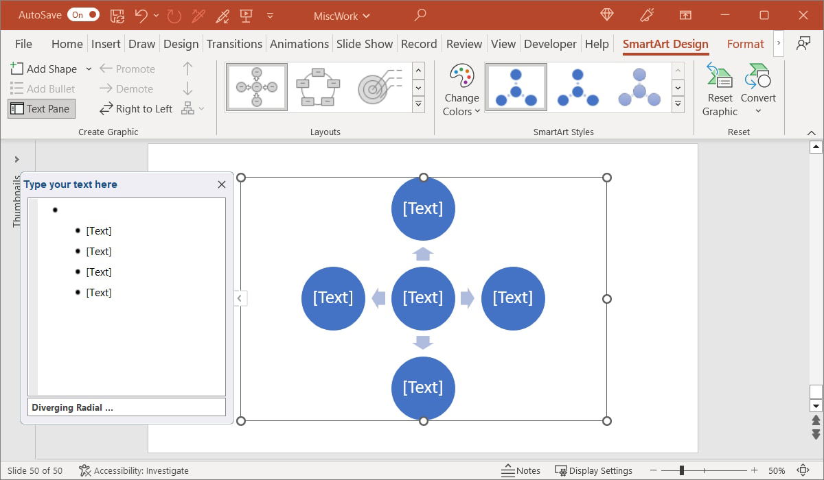 Text Pane and placeholders for a Diverging Radial diagram