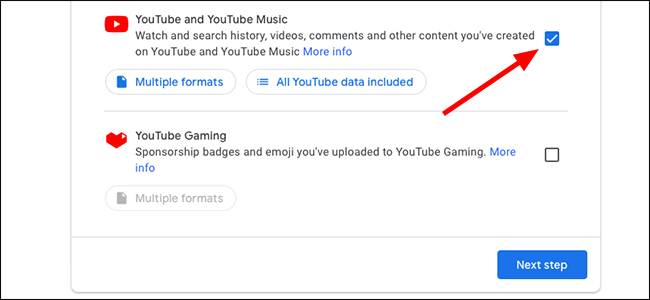 Параметр 'YouTube и YouTube Music' в Google Takeout