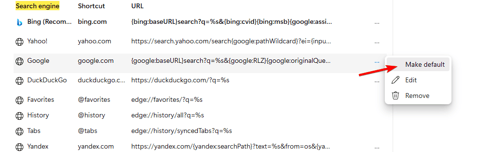 Настройки поиска в Edge: выбор поисковой системы по умолчанию