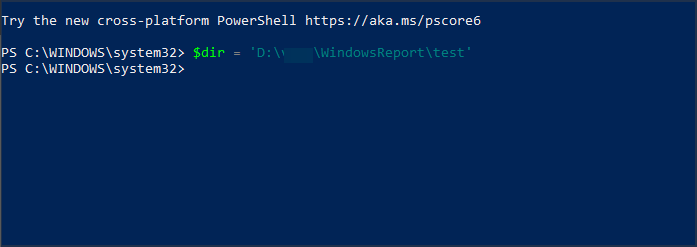 Пример присвоения пути директории переменной в PowerShell