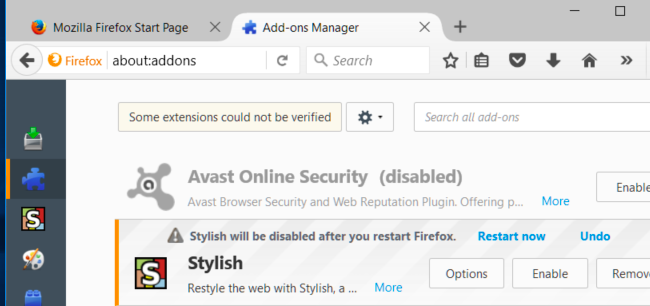 Список расширений в настройках Firefox