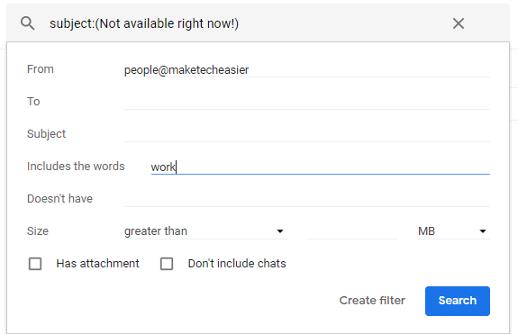Параметры фильтра по отправителю, теме и словам