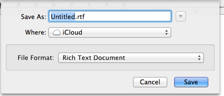 Скриншот: папки и файлы iCloud в диалоге Открыть