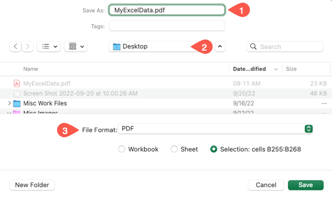 Диалог Save As для сохранения Excel в PDF на Mac