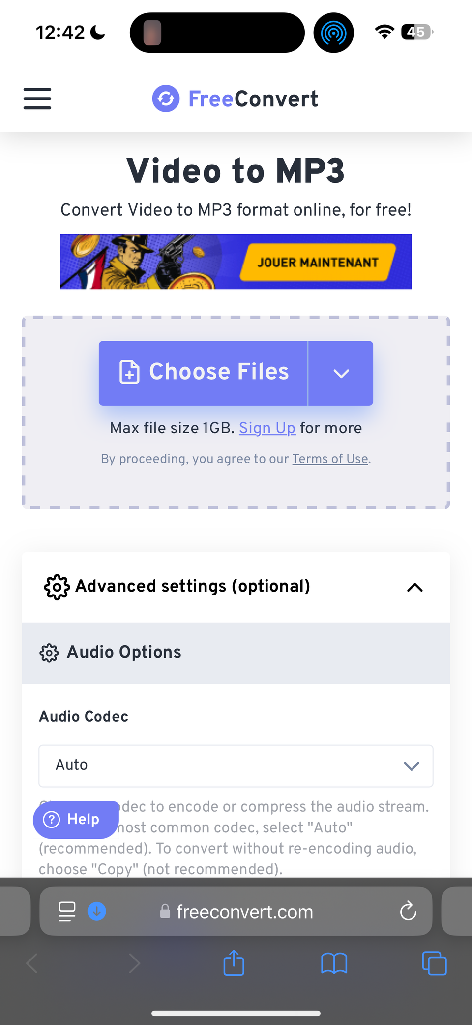 Веб-сайт FreeConvert на iPhone