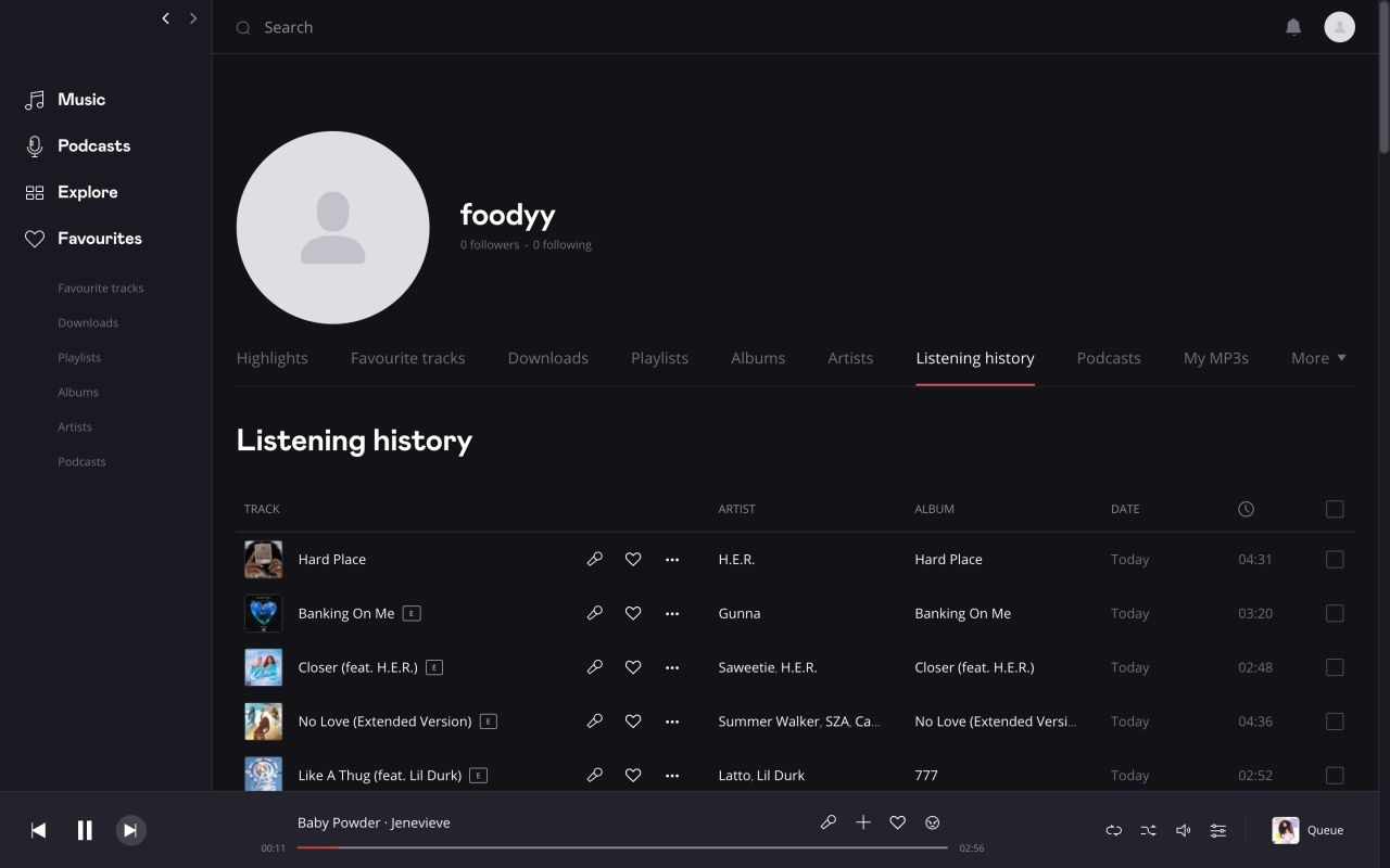 вкладка истории прослушиваний в настольном приложении Deezer