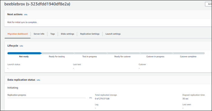 Мониторинг прогресса репликации в консоли MGN