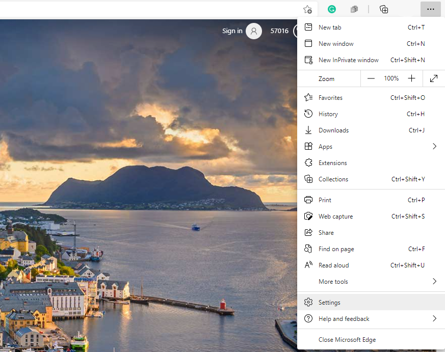 Меню настроек Microsoft Edge