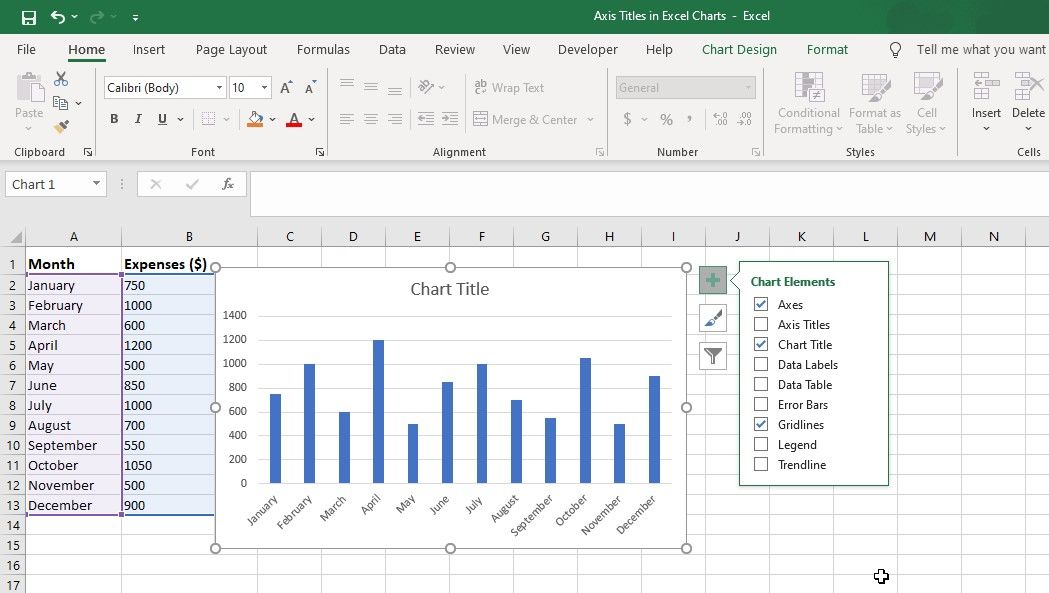 Снятие флажка «Название осей» для удаления подписей
