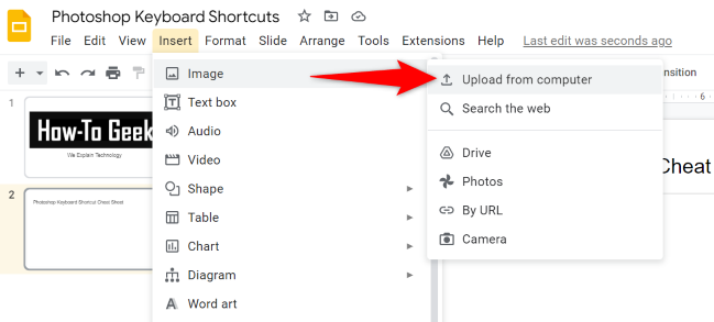 Выберите Insert > Image > Upload From Computer.
