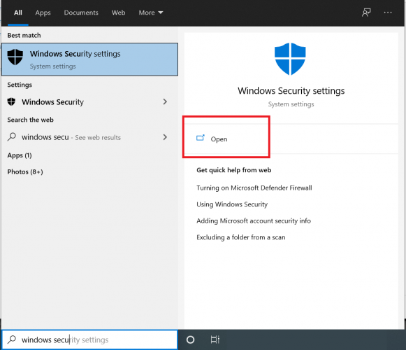 Открытие настроек Безопасность Windows