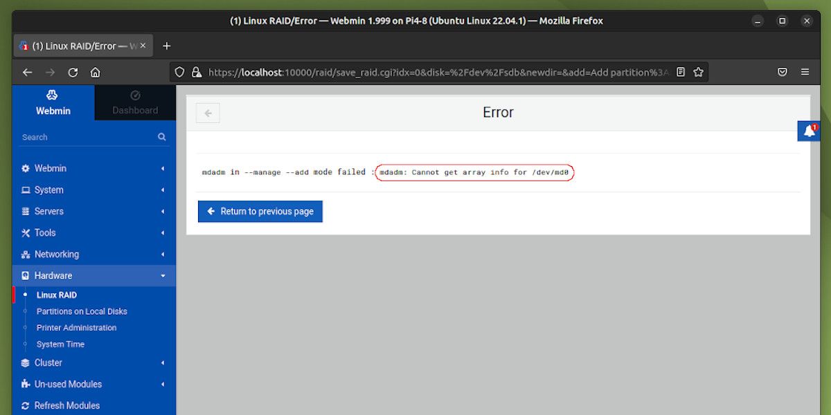 mdadm showing an error that it cannot get the RAID Array information
