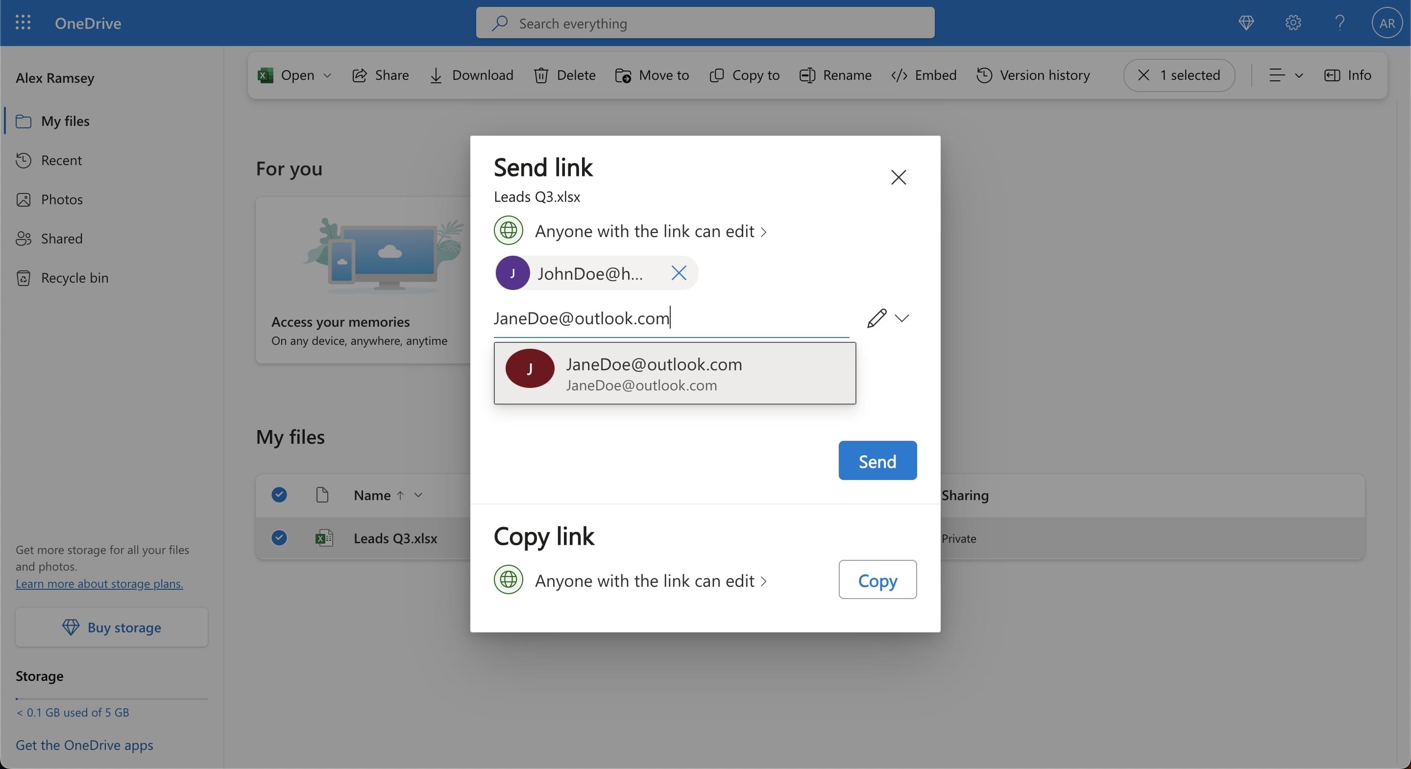 Опция отправки приглашения по ссылке через OneDrive