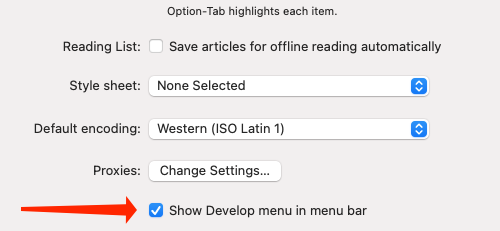 Включите Показывать меню Разработка в строке меню