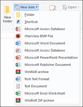 Меню «Создать», где тип файла Контакт удалён