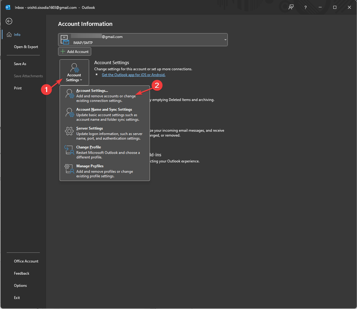 Account Settings Outlook custom view 