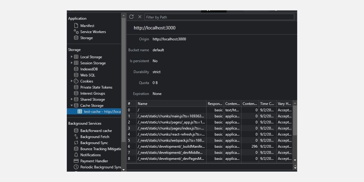 Хранилище кеша в инструментах разработчика Chrome с перечнем кэшированных ресурсов.