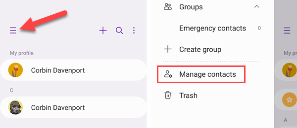Откройте меню и выберите Управление контактами.