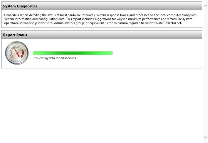 Окно: выполнение команды 'perfmon /report' для создания системного отчёта