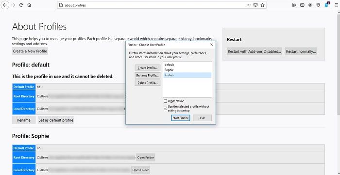 Окно быстрого выбора профиля Firefox