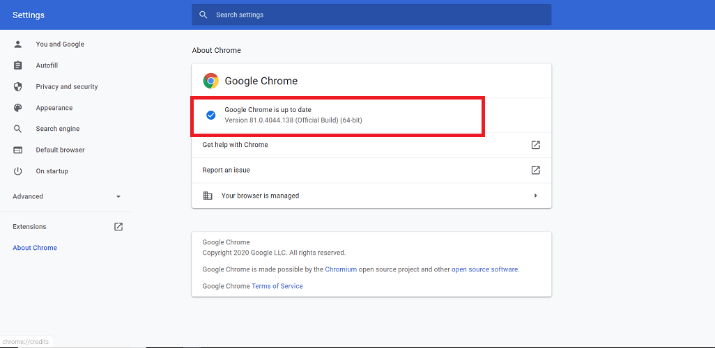 Страница обновления Google Chrome — проверка доступных обновлений