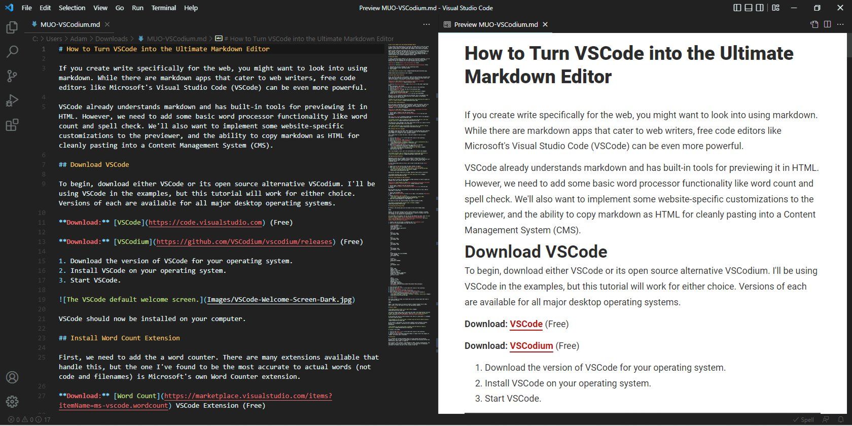 Markdown, открытый в теме Material от Equinusocio.