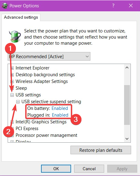 Отключение селективной приостановки USB