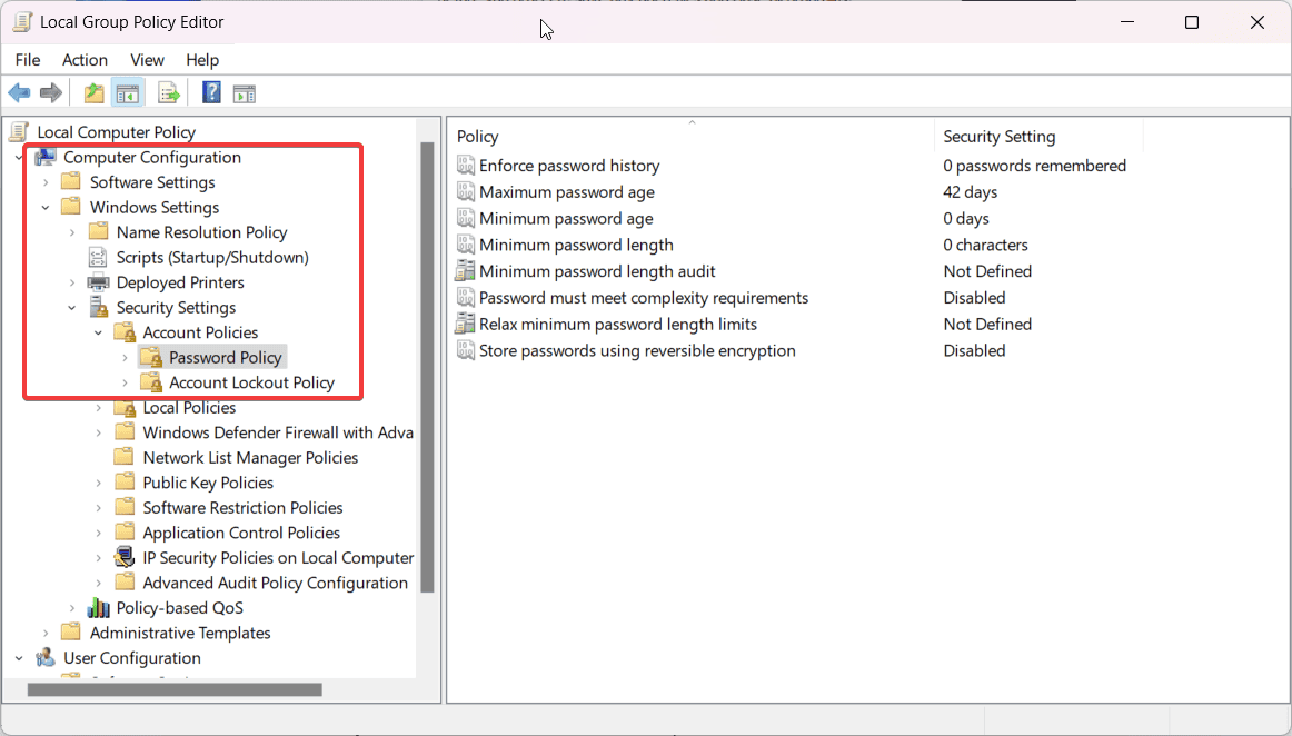 Раздел Политика паролей в оснастке локальной политики безопасности