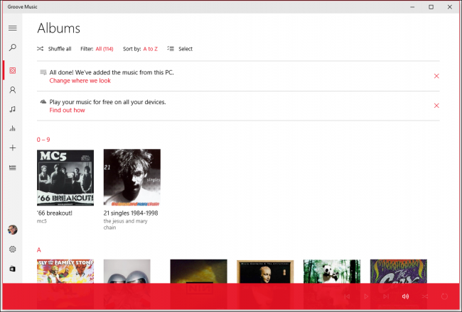 Окно поиска и списка треков в Groove Music