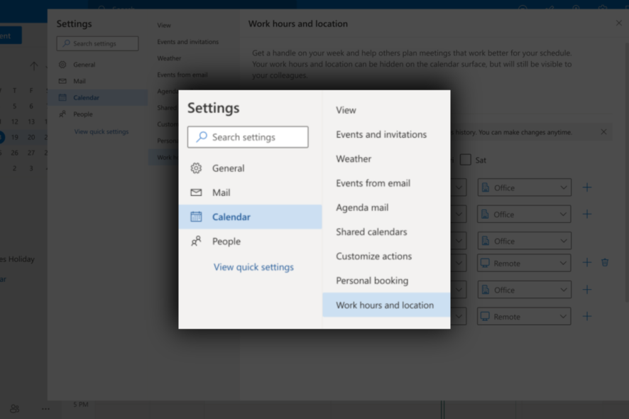 Как задать рабочее время и место в Outlook