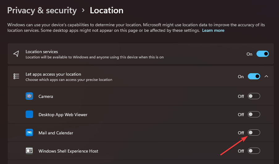 Отключение доступа к местоположению для Почта и Календарь