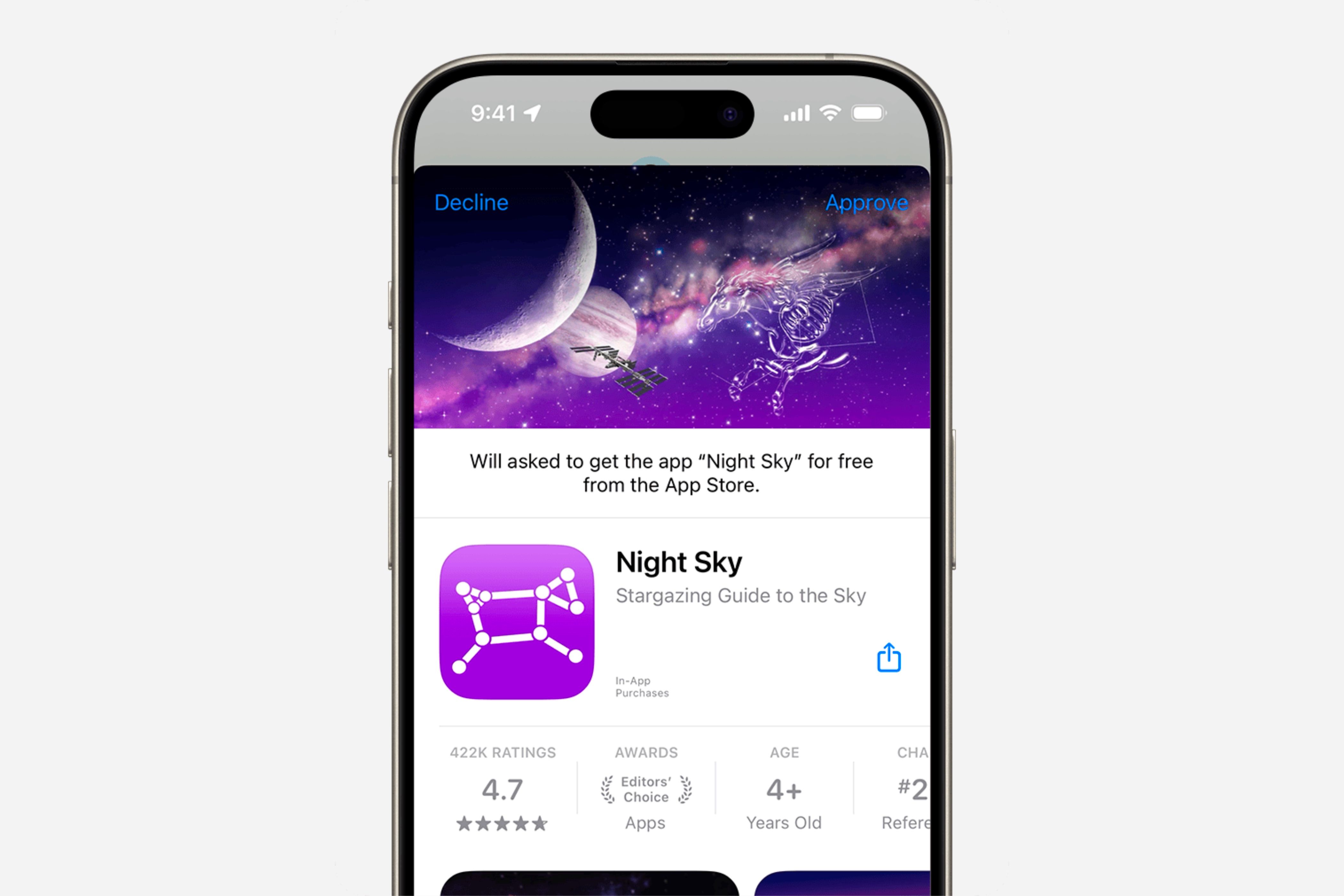 Экран с вариантами «Одобрить» и «Отклонить» для запроса на покупку на iPhone.