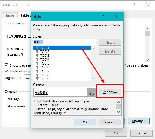 Изменение стиля уровня оглавления