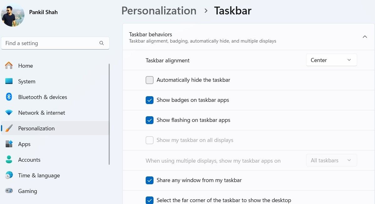 Настройки панели задач Windows 11