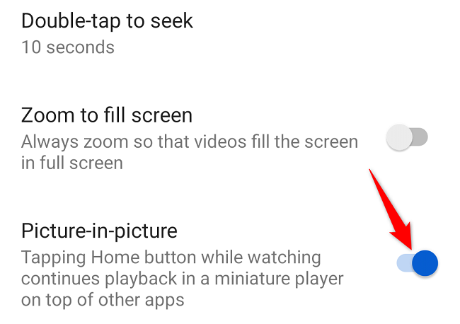 Включение опции картинка-в-картинке в приложении YouTube.