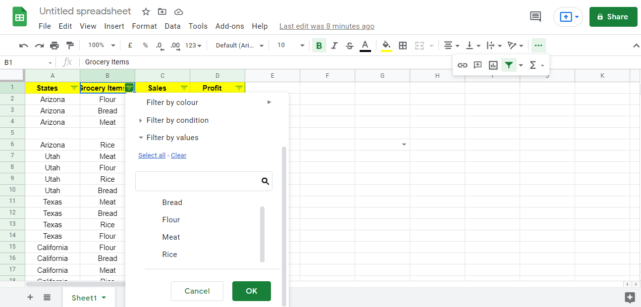 Снятие всех галочек в списке фильтра