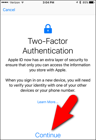 Кнопка Продолжить для двухфакторной аутентификации