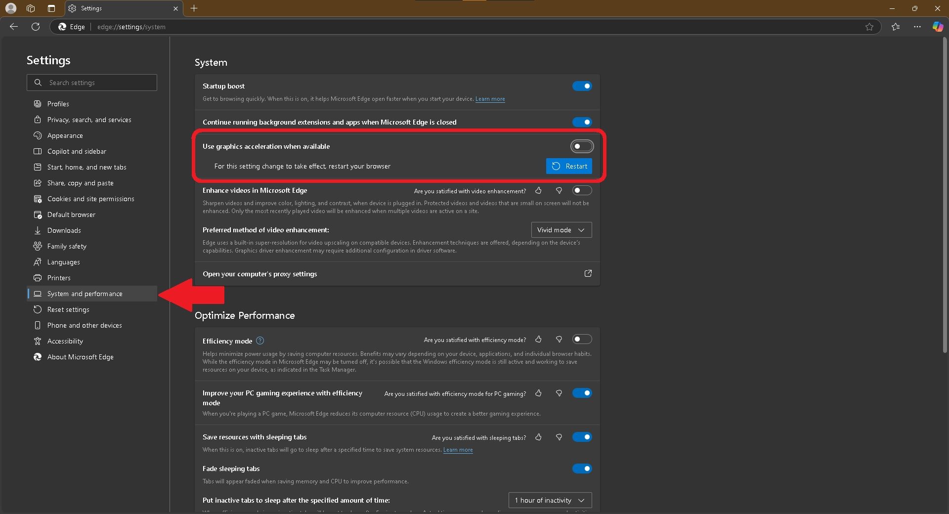 Отключение аппаратного ускорения в Microsoft Edge через настройки.