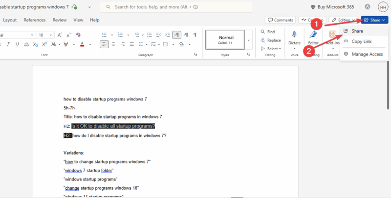 Нажмите «Поделиться» в документе Word